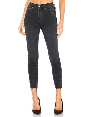 RE/DONE Originals High Rise Ankle Crop Jeans Black Button-Fly Frayed Hem Size 25
